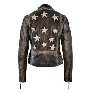 Mauritius Christy RF Leather Jacket Vintage Black Stars, Size 8 - Medium